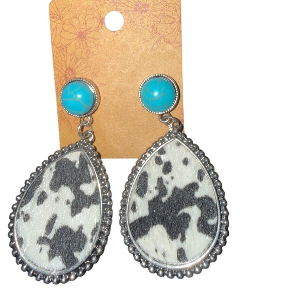 Cowan Couture Earrings Cow Print Teardrop Dangle Faux Turquoise Studs Boho